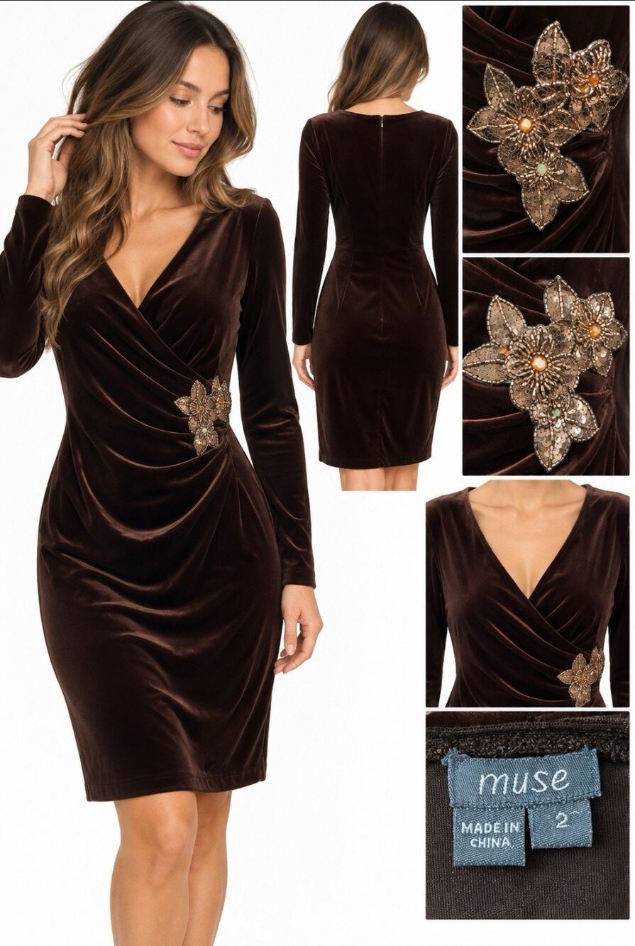Y2K Muse Chocolate Brown Velvet Dress Size 2 Beaded Floral Ruched Dark Feminine